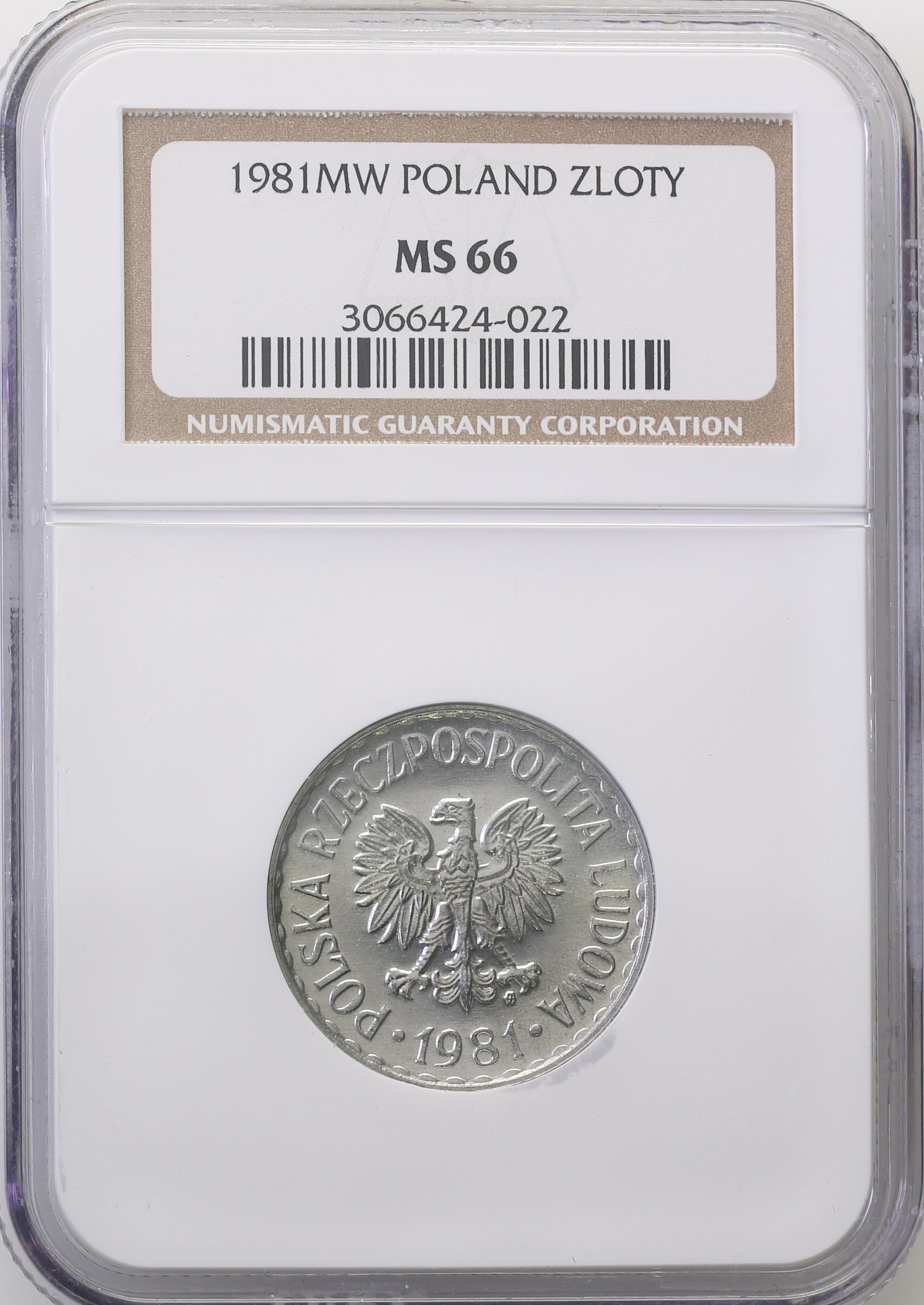 PRL. 1 złoty 1981 aluminium NGC MS66